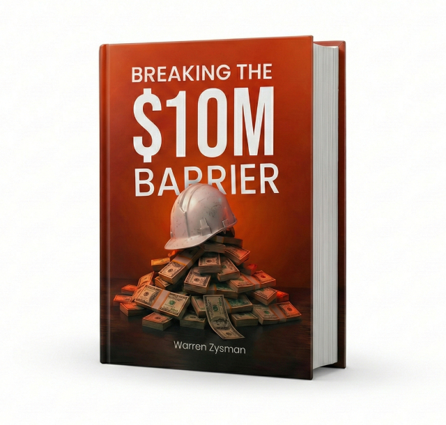 A white construction hard hat resting on top of a large pyramid of stacked US dollar bills against a deep orange and black gradient background, symbolizing financial growth and scaling in the construction industry.